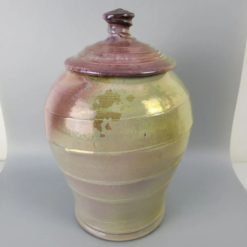 Studio Art Pottery Ginger Jar Lidded Iridescent Glaze Canister Swirl Signed 1991